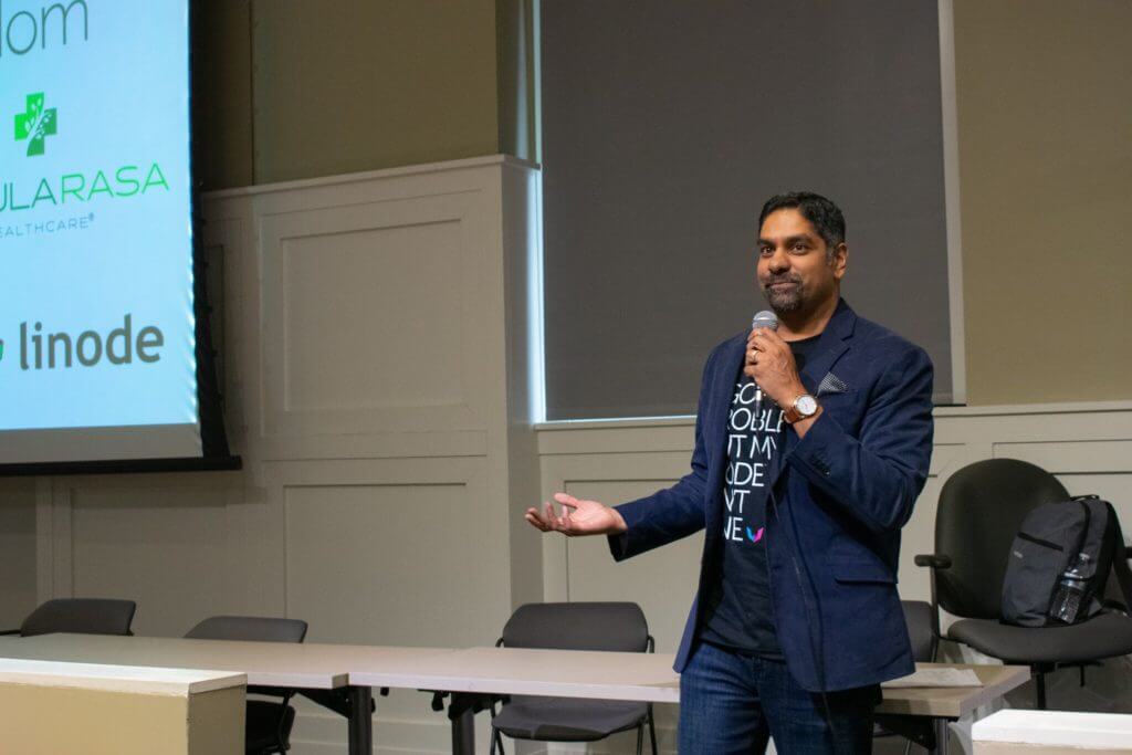 Pinaki Kathiari speaking to HackTCNJ teams