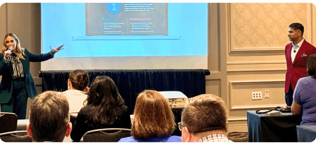 Amanda Todd and Pinaki Kathiari presenting on stage